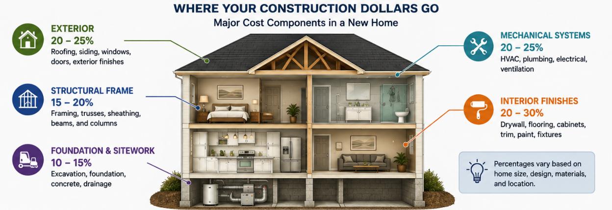 Construction cost components for a new home including foundation, framing, exterior, mechanical systems, and interior finishes