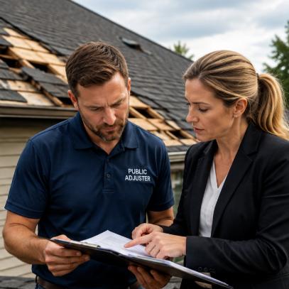 Public adjuster reviewing roof damage with a home owner