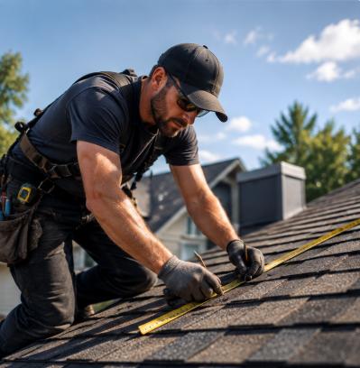 Roofing Contractor measuring and inspecting roof.
